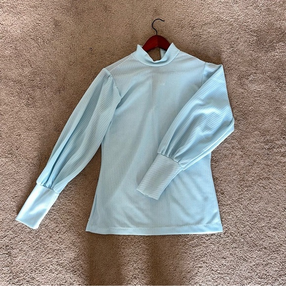 Montgomery Ward Tops - Vintage Blue Ribbed Mock Neck Puff Sleeve Top 70s 80s Retro Medium